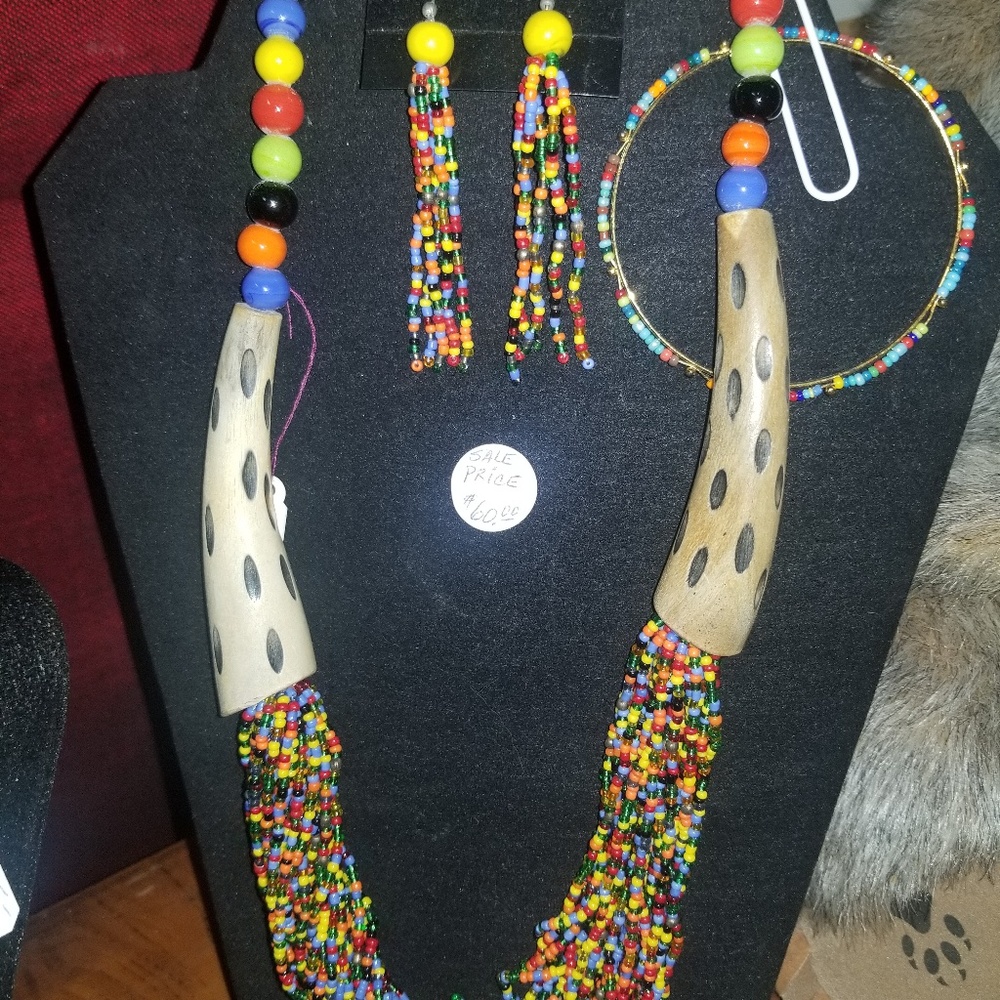 Colorful bead and wood necklace, bracelet, and ear